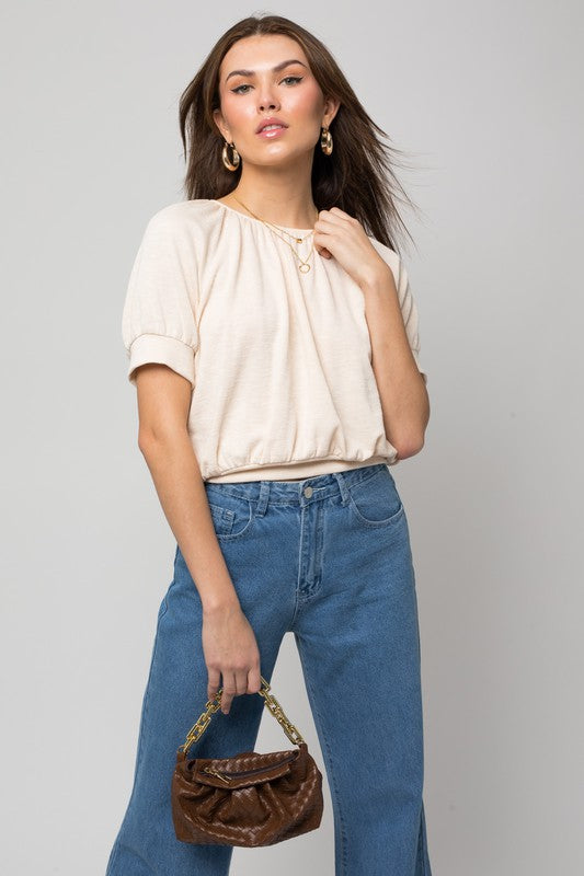 Loose Shirring Neck Rib Short Sleeve Top