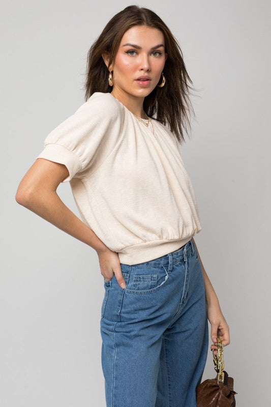 Loose Shirring Neck Rib Short Sleeve Top