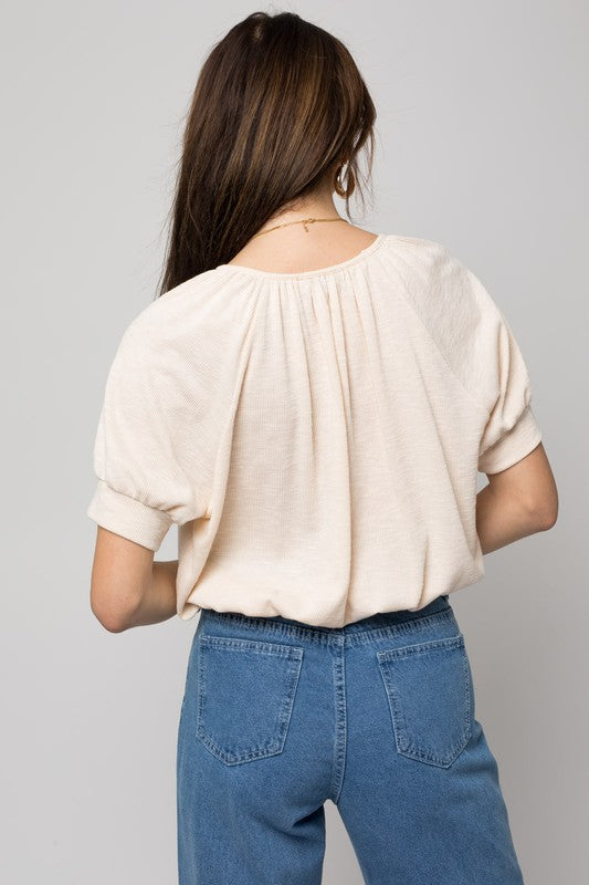 Loose Shirring Neck Rib Short Sleeve Top