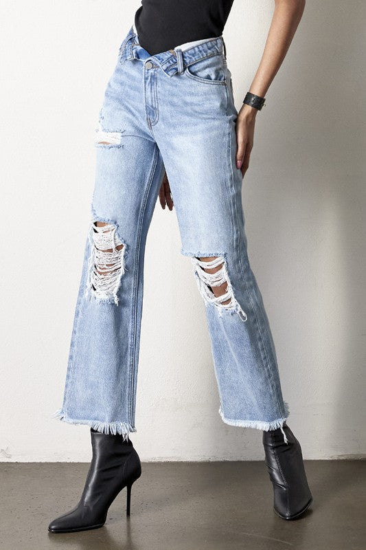 Frayed Hem Detail Medium Wash Denim Jeans