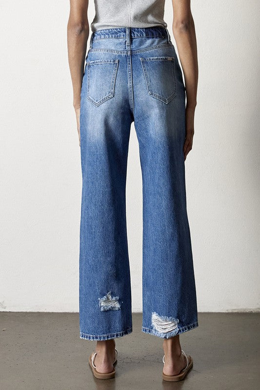 Button Closure Destructed Straight Jeans