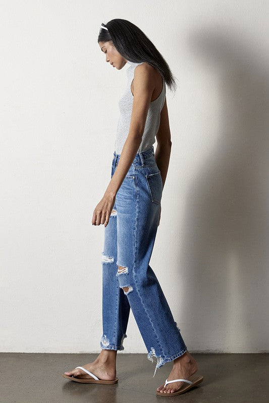 Button Closure Destructed Straight Jeans