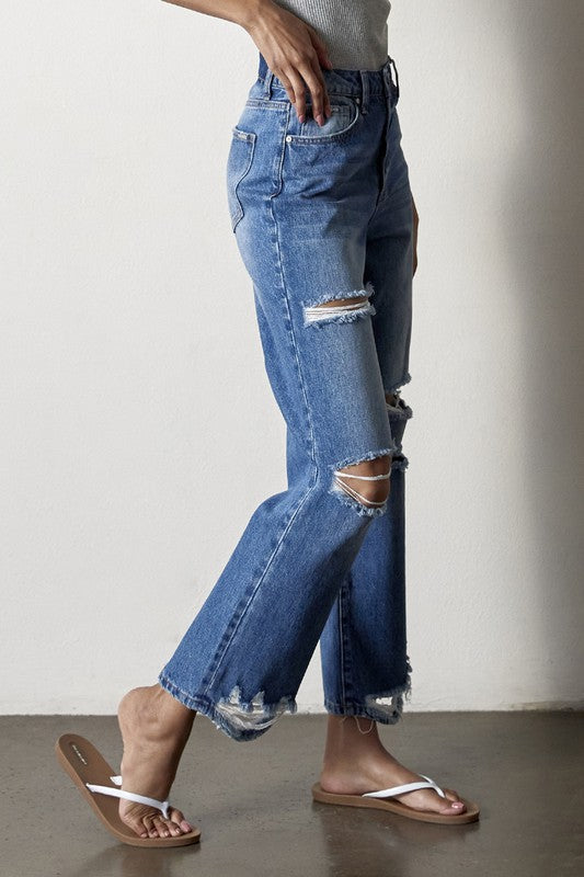 Button Closure Destructed Straight Jeans