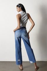 Button Closure Destructed Straight Jeans