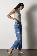 Button Closure Destructed Straight Jeans