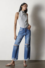 Button Closure Destructed Straight Jeans