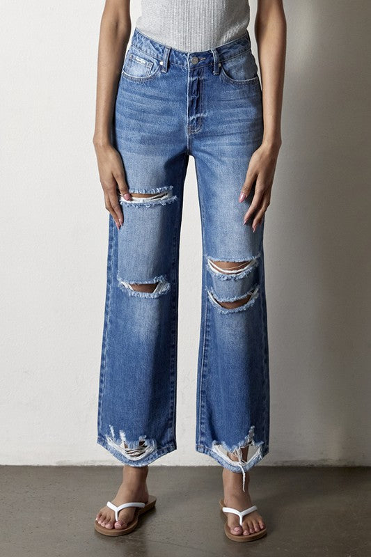 Button Closure Destructed Straight Jeans