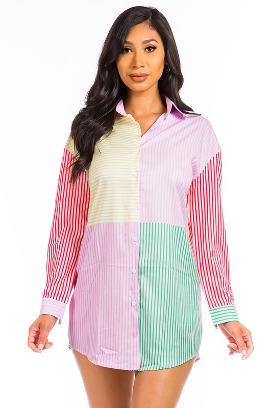 Pink Multi Long Sleeve Shirt Mini Dress