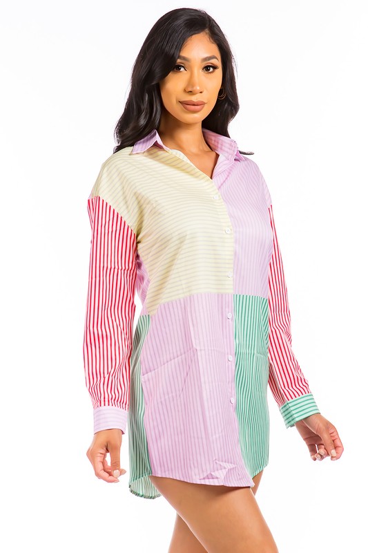 Pink Multi Long Sleeve Shirt Mini Dress