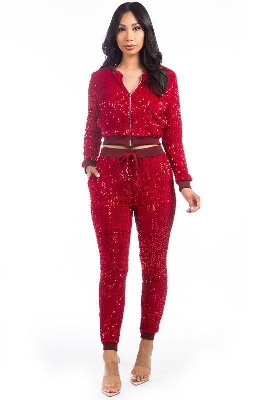 Red Sequin Bomber Jacket Casual Pant Set king-general-store-5710.myshopify.com