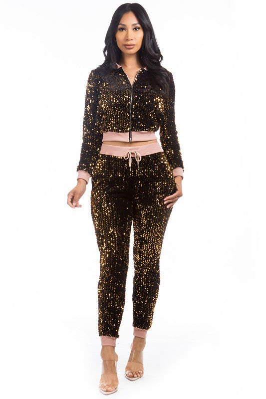 Brown Sequin Two Piece Pant Set king-general-store-5710.myshopify.com