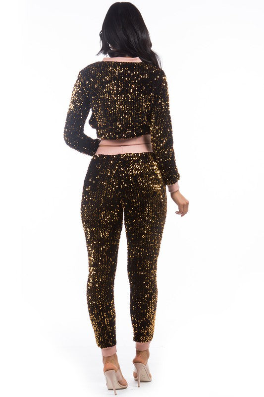 Brown Sequin Two Piece Pant Set king-general-store-5710.myshopify.com