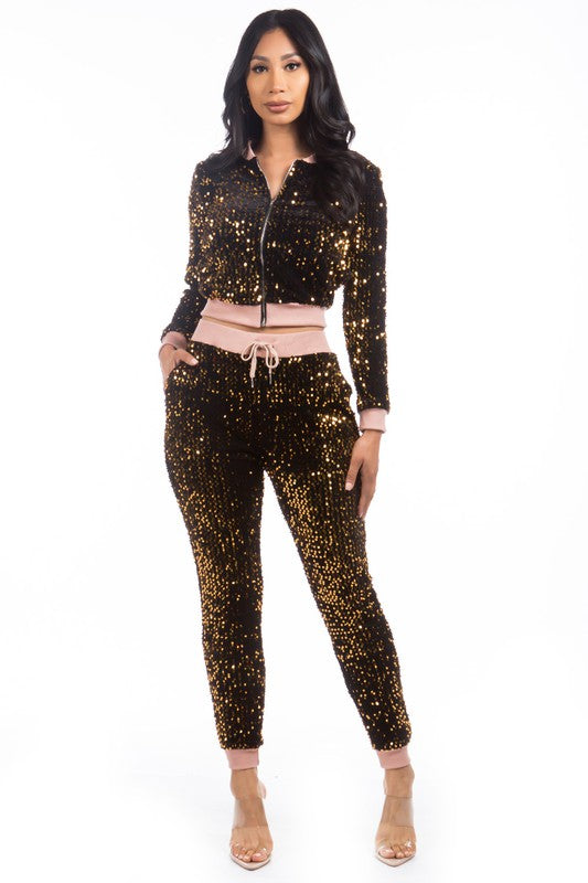 Brown Sequin Two Piece Pant Set king-general-store-5710.myshopify.com