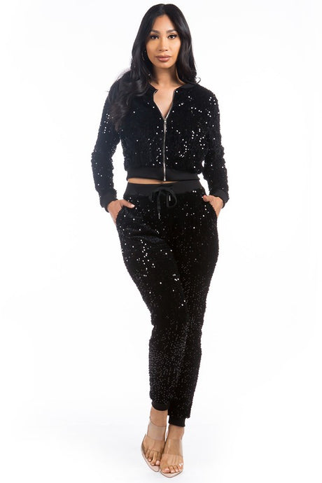 Black Sequin Two Piece Pant Set king-general-store-5710.myshopify.com