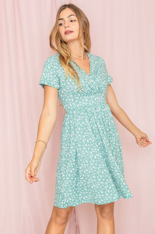 Surplice Ditsy Floral Midi Dress