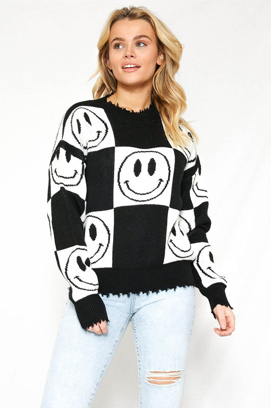 Black Checkered Smiley Sweater king-general-store-5710.myshopify.com