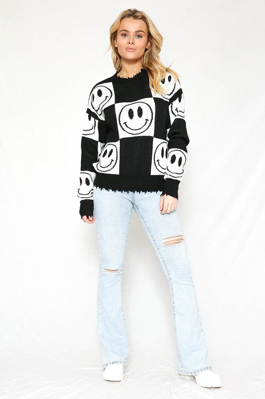 Black Checkered Smiley Sweater king-general-store-5710.myshopify.com