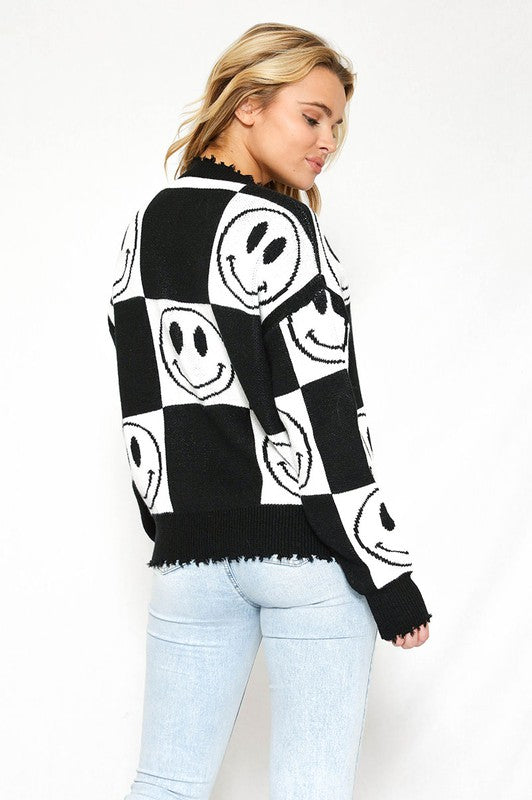 Black Checkered Smiley Sweater king-general-store-5710.myshopify.com