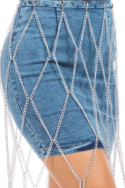 Multi Chain Bodycon Back Zipper Denim Skirt