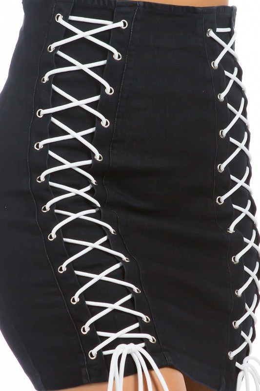 Black Bodycon Multi Lace Up Rear Zipper Denim Mini Skirt