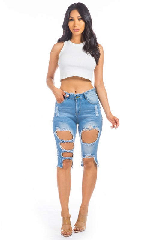 Skinny Bermuda Style Multi Cut Denim Shorts