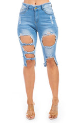 Skinny Bermuda Style Multi Cut Denim Shorts