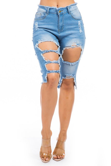 Skinny Bermuda Style Multi Cut Denim Shorts