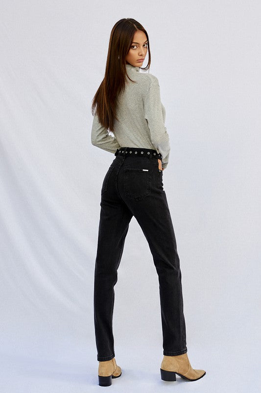 High Waisted Straight Black Wash Denim Jeans