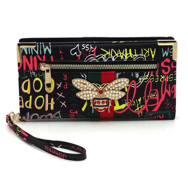 Graffiti Queen Bee Stripe Clutch Wallet Wristlet king-general-store-5710.myshopify.com