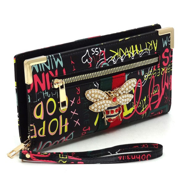 Graffiti Queen Bee Stripe Clutch Wallet Wristlet king-general-store-5710.myshopify.com