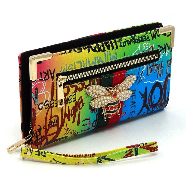 Graffiti Queen Bee Stripe Clutch Wallet Wristlet king-general-store-5710.myshopify.com