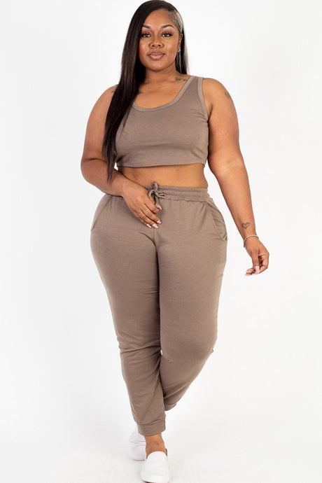 Plus French Terry Cropped Tank Top & Joggers Set king-general-store-5710.myshopify.com