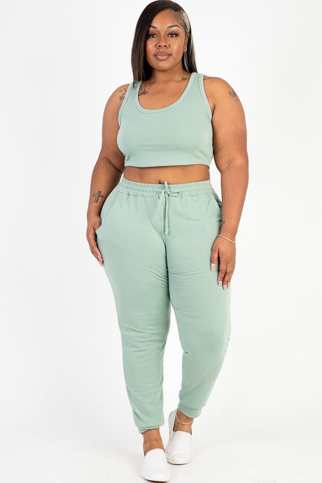 Plus French Terry Cropped Tank Top & Joggers Set king-general-store-5710.myshopify.com