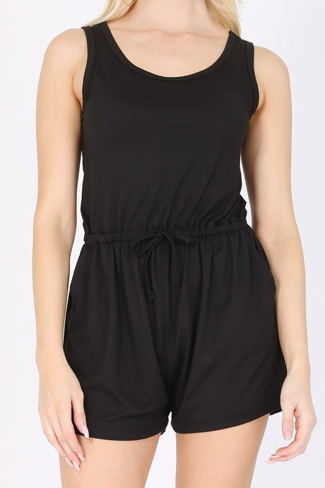 Black Drawstring Sleeveless Romper