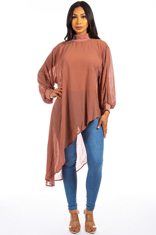 High Neck Irregular Cut Chiffon Top