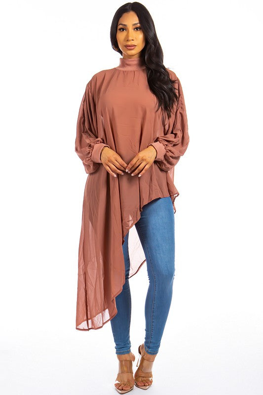 High Neck Irregular Cut Chiffon Top