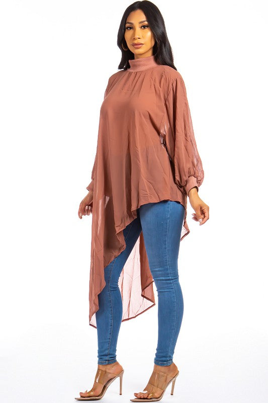 High Neck Irregular Cut Chiffon Top