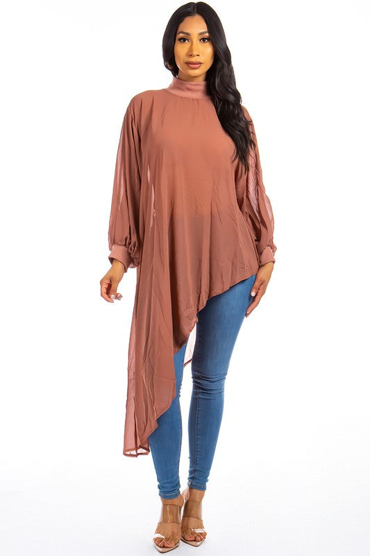 High Neck Irregular Cut Chiffon Top