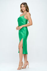 Green Satin Bias Slip Dress with Slit