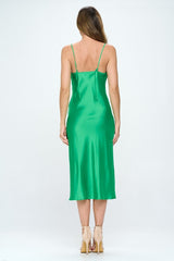 Green Satin Bias Slip Dress with Slit