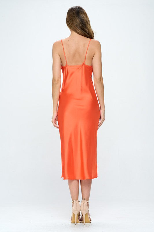 Orange Satin Bias Slip Dress with Slit