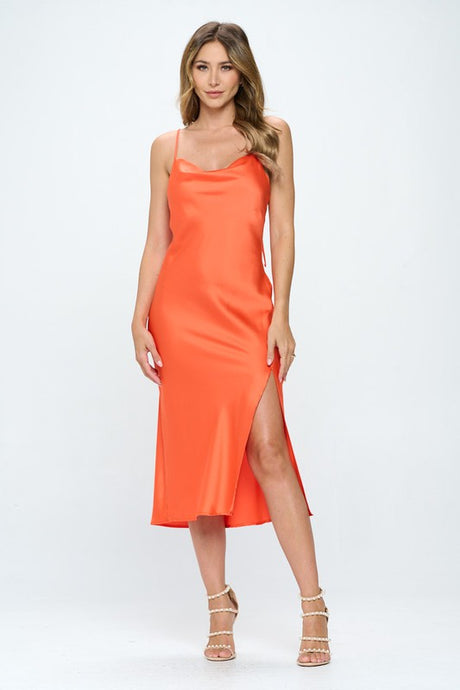 Orange Satin Bias Slip Dress with Slit