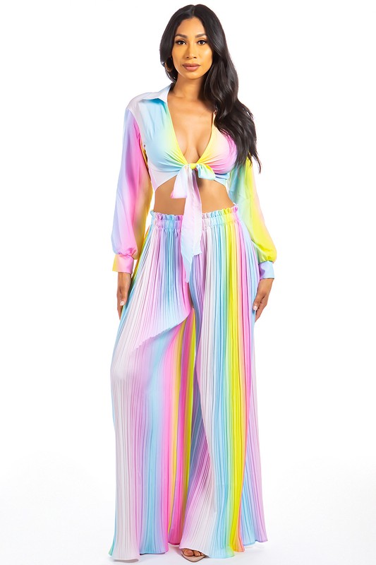 Long Sleeve Crop Top Wide Leg Pant Set