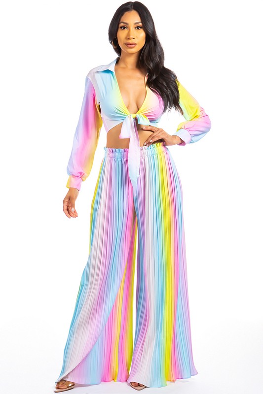 Long Sleeve Crop Top Wide Leg Pant Set