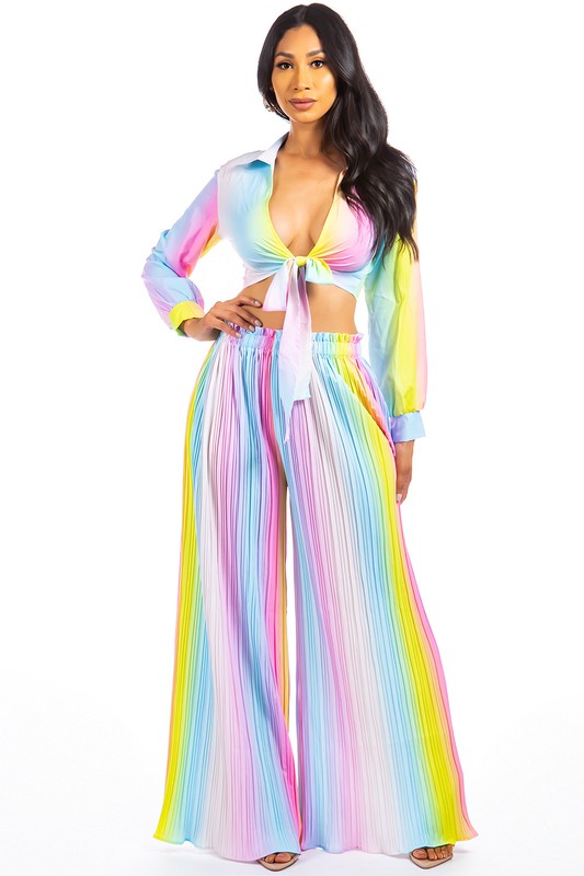 Long Sleeve Crop Top Wide Leg Pant Set