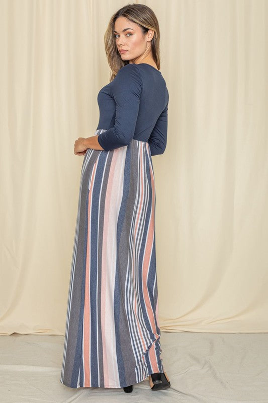 Stripe Quarter Sleeve Maxi Dress