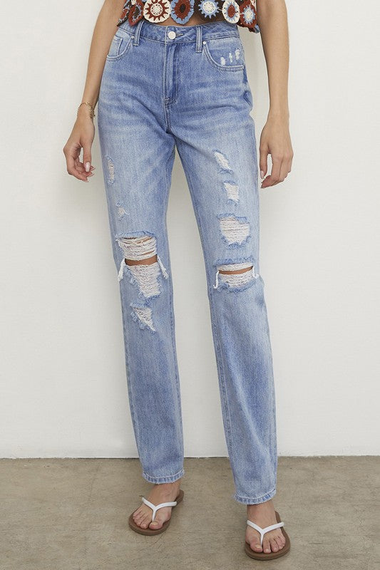 High Rise Straight Knee Distress Light Denim Jeans