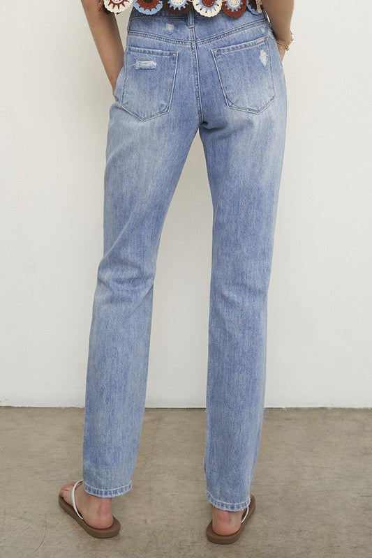 High Rise Straight Knee Distress Light Denim Jeans