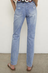 High Rise Straight Knee Distress Light Denim Jeans