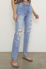 High Rise Straight Knee Distress Light Denim Jeans